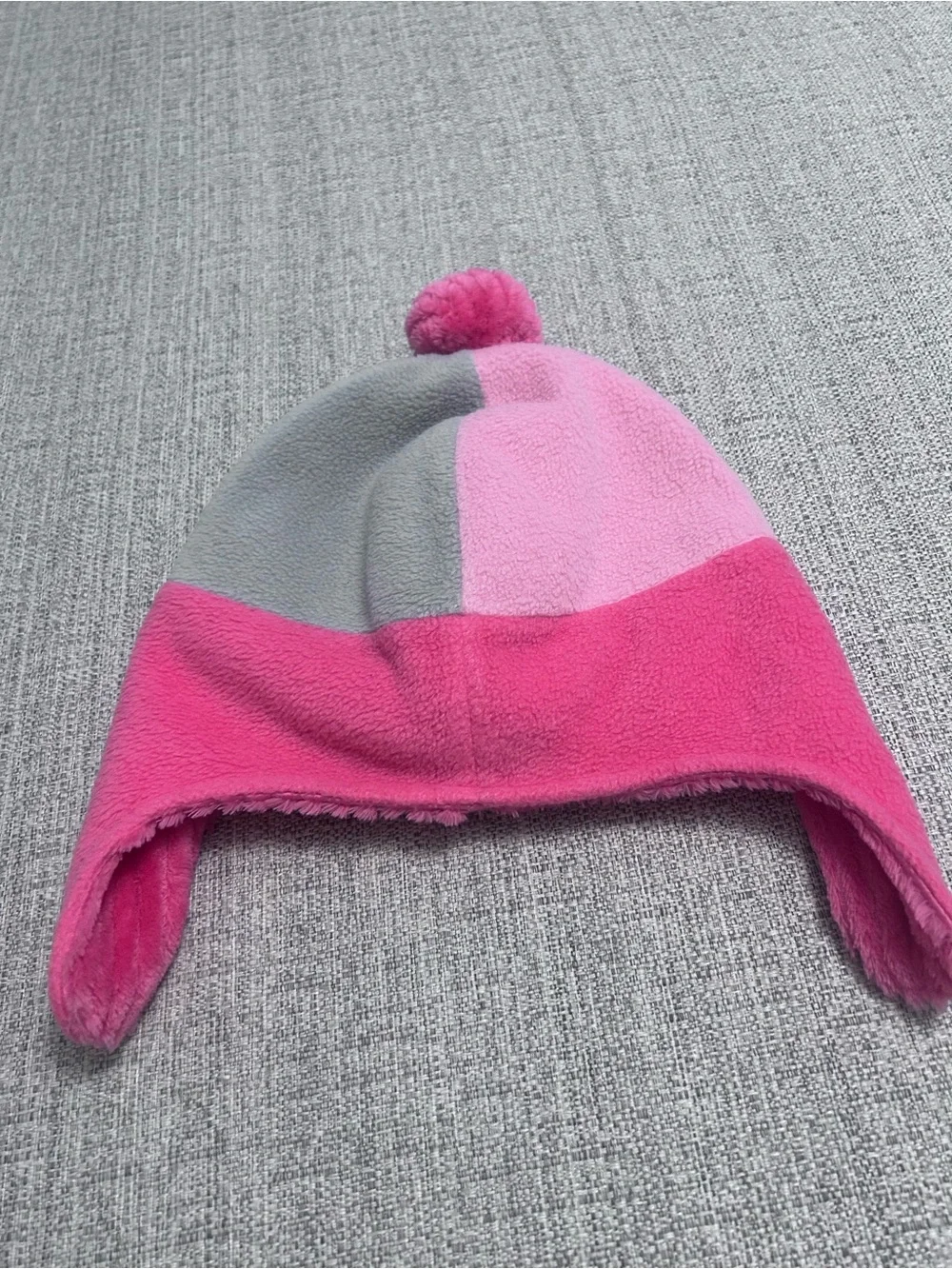 Columbia Kids' Pink & Gray Trapper Fleece Pom Beanie. Size L/XL